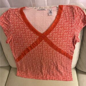 Vtg Crazy Horse Vneck Retro Baby Doll Top Orange Beige XL Stretch Y2K Coquette